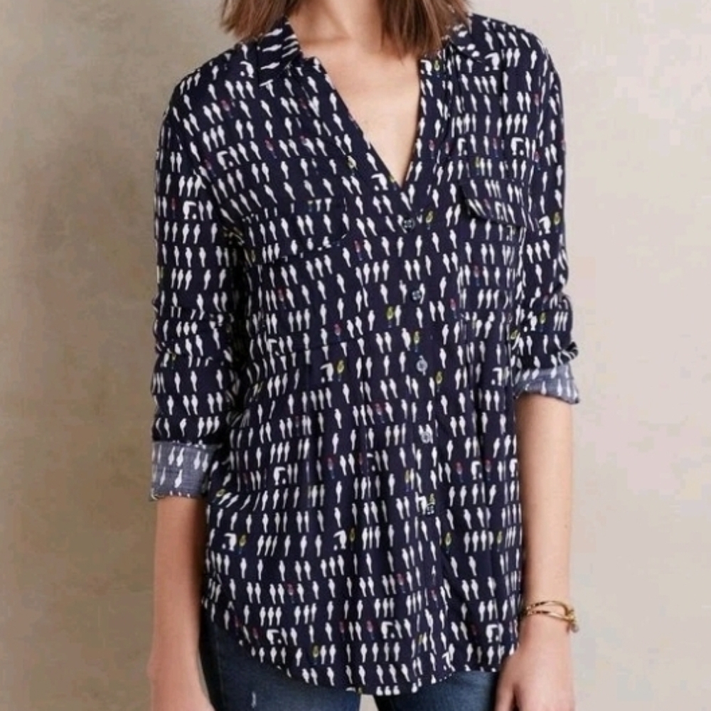 Anthropologie Maeve 10 Eclectic Bohemian Novelty Print Wynwood Bird Button Shirt